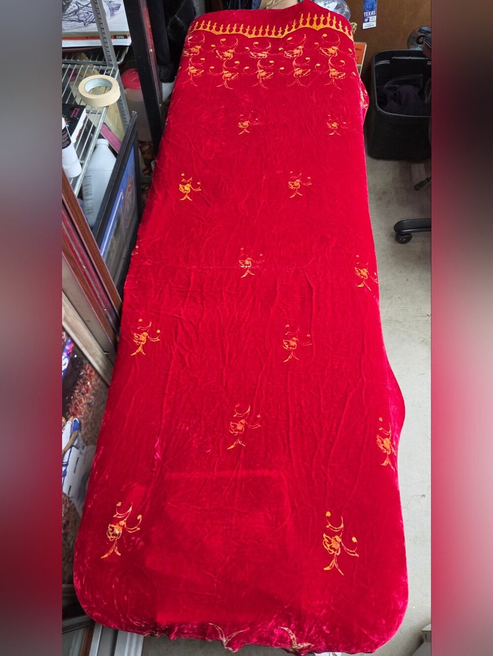 Vintage Red Devoré Burnout Velvet Shawl Scarf Gold Floral Wrap Elegant